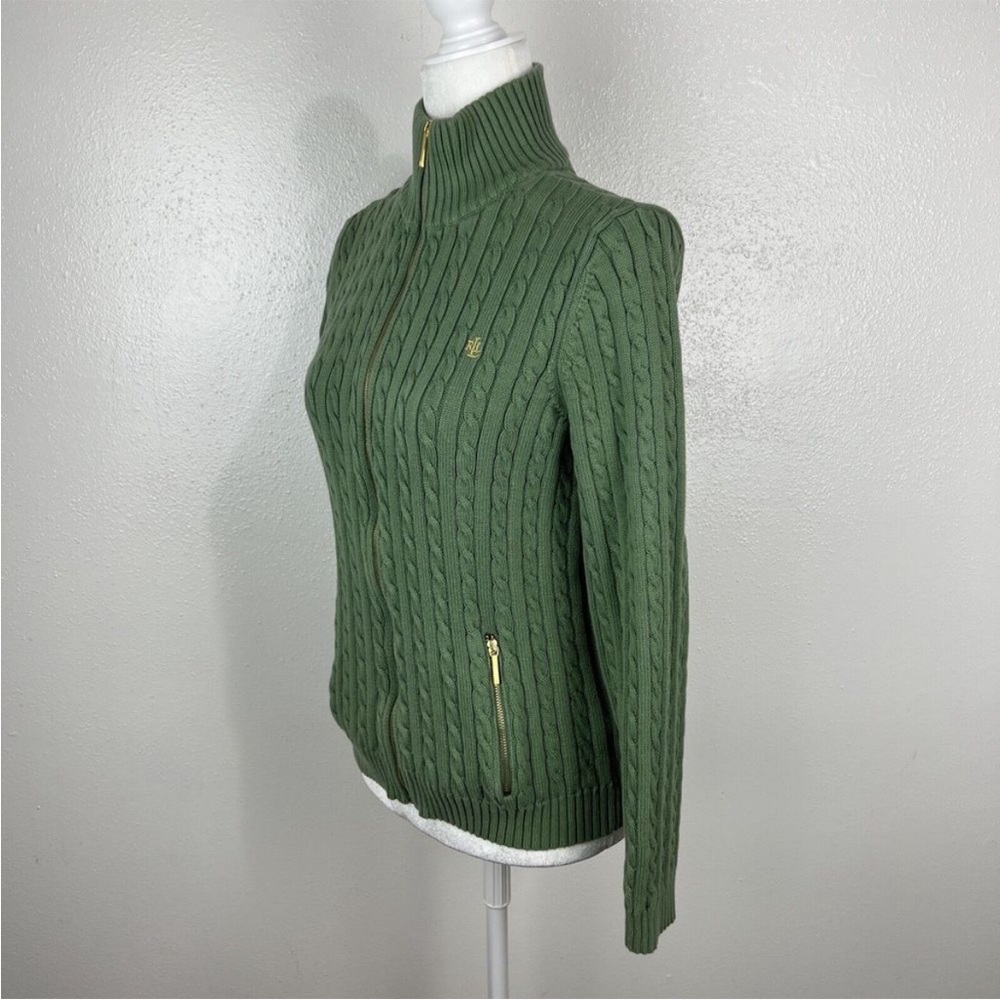 Lauren Ralph Lauren Sweater Women Large Green Gold Zip Up Braided Knit Casual